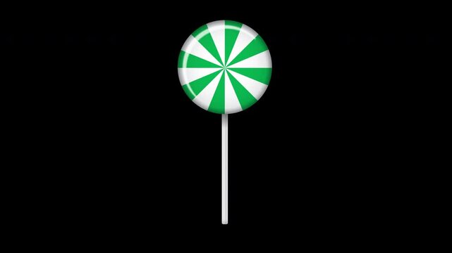 Lollipop on stick animation. Sweet candy animation. Animation for new years day, winter holiday, dessert, new years event. Transparent background with alpha channel