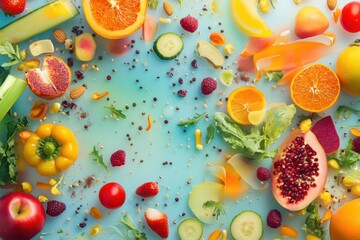 A vibrant visual of a raw food dinner, featuring uncooked vegetables, fruits