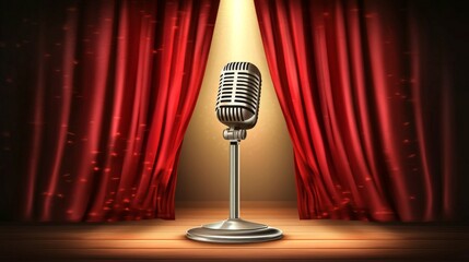Classic Stage Microphone Behind Red Curtain