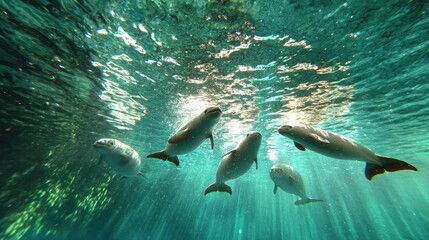 Dolphins swimming underwater, sunlit surface above.  Use Aquarium stock photo