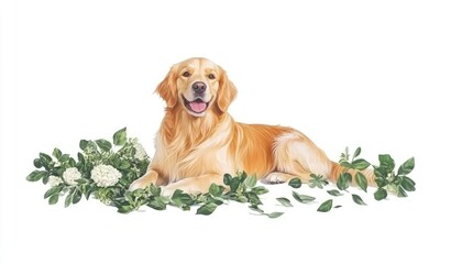 A cheerful golden retriever lying among lush green leaves and white flowers, creating a serene and joyful atmosphere