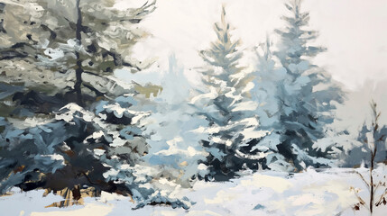 a tonalism painting of a snowy winter landscape with snowy fir trees, muted soft neutral color palette, calm, serene 16:9 landscape background