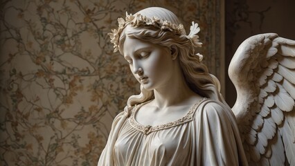 Elegant marble sculpture of a serene woman with floral crown illustration