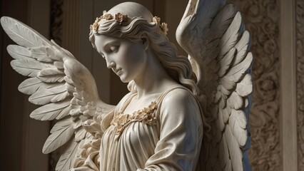 Fototapeta premium Marble sculpture of a serene angel with flowing hair illustration