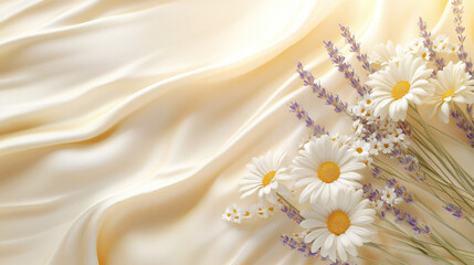 A fluid splash of golden cream artfully arranged with lavender stems and white daisies, set on a soft wooden texture with a gradient of sunlight filtering through. Detailed close-up, natural softness