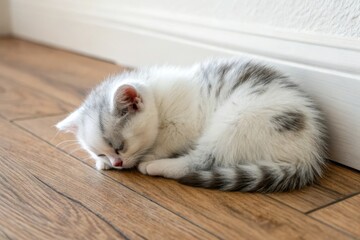 British kitten curled up in a ball on a wooden floor, earthy tones, cat curls, gentle atmosphere