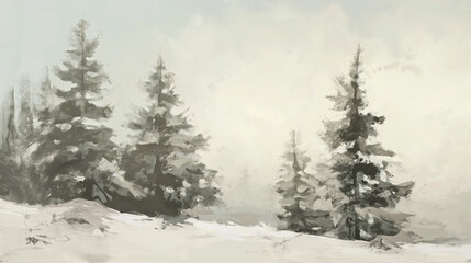Obraz premium a tonalism painting of a snowy winter landscape with snowy fir trees, muted soft neutral color palette, calm, serene 16:9 landscape background