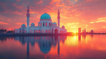 Sunrise Mosque Reflection, Calm Water, Asian Cityscape, Travel