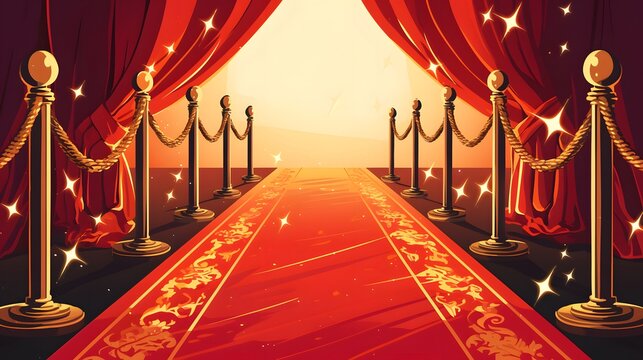 Stylish red carpet entrance with gold rope barriers, ideal for luxurious events and VIP gatherings