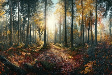 Autumn forest path, sunlit trees, fallen leaves, nature background, wallpaper