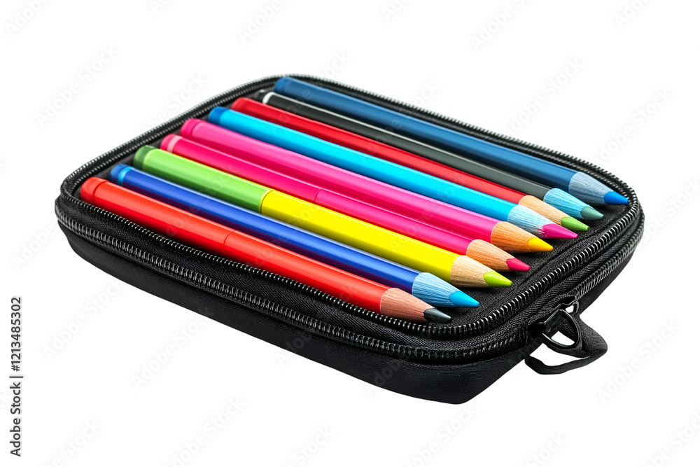 Wall mural A pencil case with colorful pens, cut out. Isolated on transparent or white background