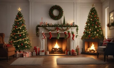 Christmas tree decorated with garlands and ribbons in front of a fireplace, festive accents, wooden mantel, garlands and ribbons