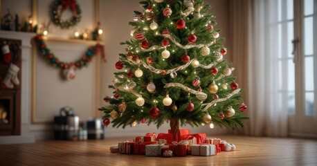 Christmas tree decorated with ornaments and lights, mistletoe, holiday