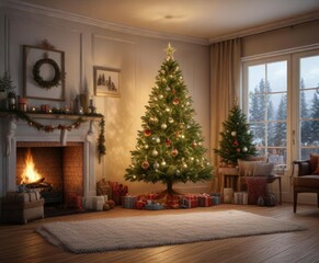 Christmas tree in a cozy living room with ornaments and lights, cozy home, Christmas tree
