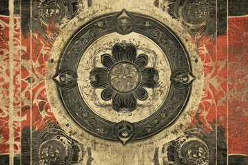 Obraz premium Ornate mandala design, grunge texture, red background, book cover art
