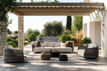 Sleek pergola covers a modern furniture setup on an outdoor patio
