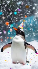 A penguin celebrating in the Arctic with a colorful birthday party surrounded by snow