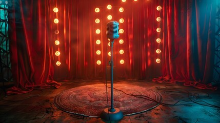 small performance stage with simple spotlight, suitable for use as a poster background for a stand up comedy event