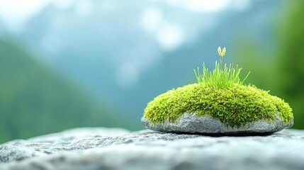 Fototapeta premium Small green sprout and moss growing on a stone in the mountains during daytime.