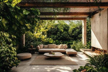 Obraz premium Lush pergola over a patio offers a stylish spot for comfortable lounging.
