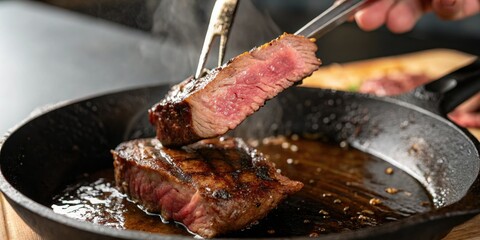 Close-up shot of a juicy beef strip being flipped in a hot skillet, savory aroma, tasty treat, cooking techniques, mouthwatering dish