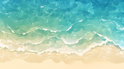 Summer watercolor background of sea waves and sandy beach, top bird's eye view