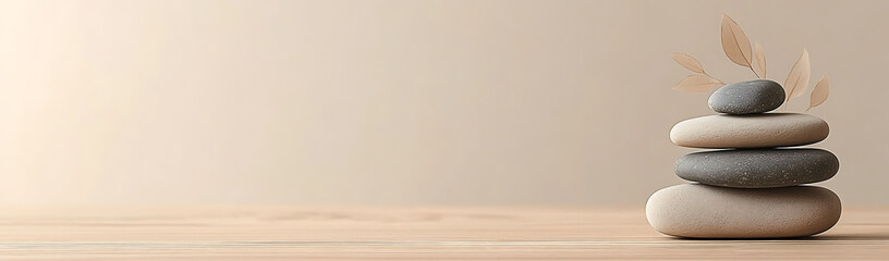 Balanced Stones on Wooden Surface with Dried Flowers