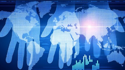 Global network, digital hands holding world map with stock market graph.