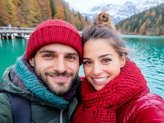 Cheerful couple enjoying a selfie by a tranquil turquoise lake surrounded by stunning autumn and winter scenery