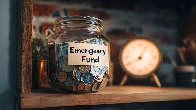 A glass jar with emergency fund label.	

