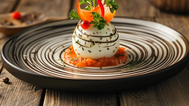 Elegant dish featuring spherical cheese on a bed of vibrant tomato sauce with decorative elements