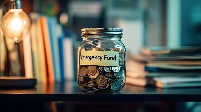 A glass jar with emergency fund label.	
