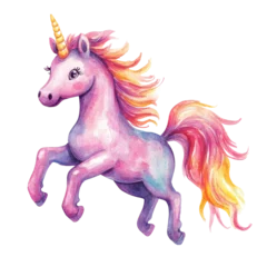 Wandcirkels Eenhoorn A unicorn with a rainbow mane and tail is flying through the sky. The stars in the background add a sense of magic and wonder to the scene  © easybanana