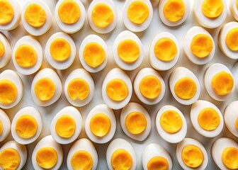 Elevated view of halved hard-boiled eggs, a visual representation of egg-cellent symmetry.