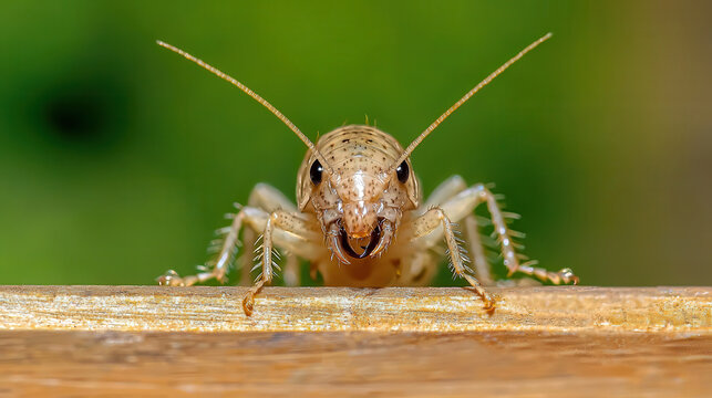 Close up view of silverfish insect on wooden surface with green background