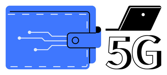 Blue digital wallet with circuit lines and black laptop with 5G text. Ideal for technology, finance, communication, innovation, connectivity, efficiency, digital transformation. Modern minimalist