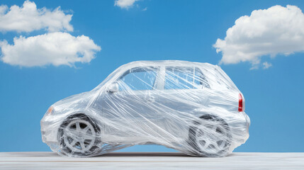A car wrapped in plastic sits against a bright blue sky with fluffy clouds, creating a surreal and playful visual effect.