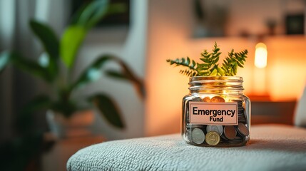 A glass jar with emergency fund label.	

