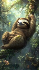 Obraz premium A sloth taking a break, hanging lazily from a tree branch, relaxing in a forest