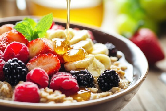 A vibrant visual of a sugar-free breakfast, featuring oatmeal with fresh fruit and a drizzle of honey, emphasizing healthy eating without added sugars