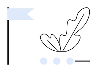 Black outlined leaf next to a blue flag and three circles with a horizontal line. Ideal for nature, minimalism, growth, simplicity, art, design, innovation concepts. Modern abstract line flat