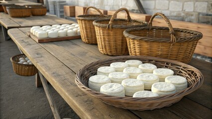 Baskets of fresh sheep cheese on a rustic table, , farm made cheese, farmhouse table, fresh cheese, dairy products