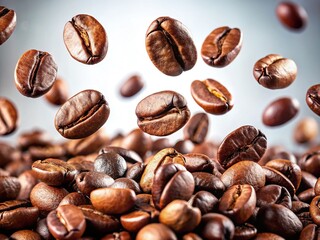 Floating dark roast coffee beans, a stylish design.