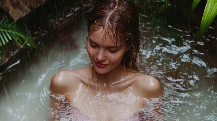 Serene Woman Relaxing in Rain  Tropical Spa  Wellness Retreat