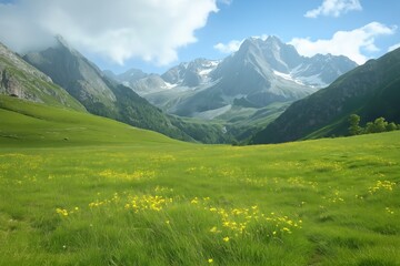 Obraz premium Vibrant Wildflower Meadow with Majestic Mountain Range Background