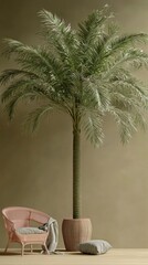Tranquil Oasis  Pink Chair  Palm Tree  Beige Room Decor