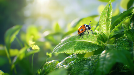 Naklejka premium Ladybug on sunlit leaf in lush green garden, showcasing nature beauty