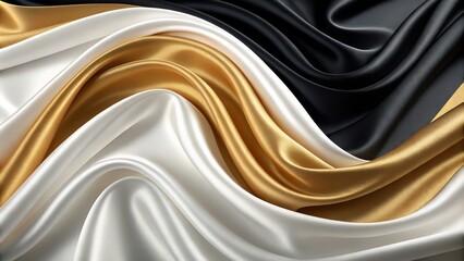 Obraz premium Abstract Swirling Gold, White and Black Silk Fabric Elegant Texture,Luxury Background, 3D Render Silk,Fabric