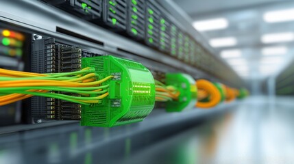 Naklejka premium Close-Up View of Colorful Cables Connected to Server Equipment in Data Center Environment