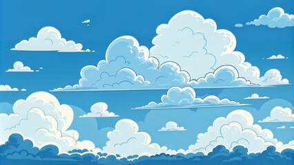 Fototapeta premium Cartoon Cloudscape Blue Sky, Stylized Cumulus Clouds, Digital Painting, Cloud Art Clouds, Sky